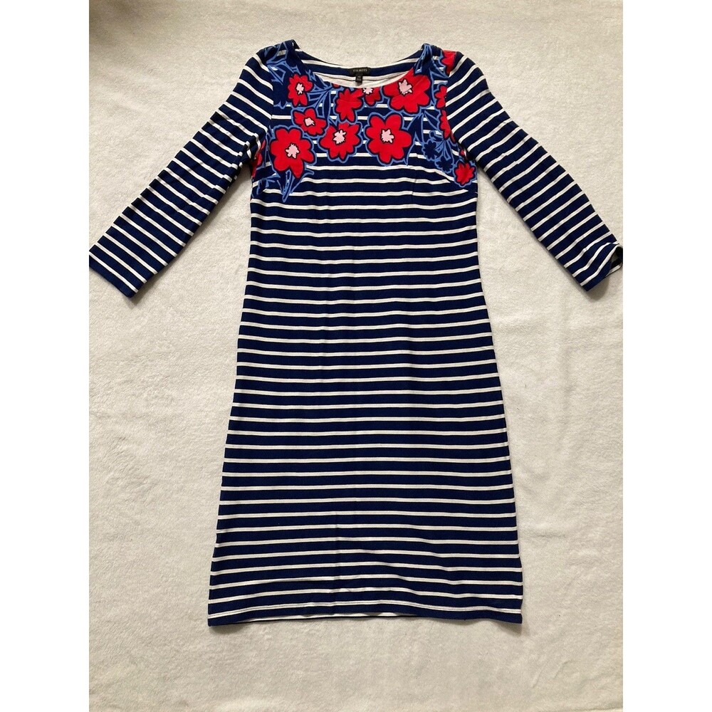Talbots Navy Blue White Striped Red Floral Long Sleeve Sheath Dress Size XS
